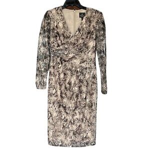 Adrianna Papell Long Sleeve Faux Wrap Lace Dress. Sz 6. EUC. Tan/Black